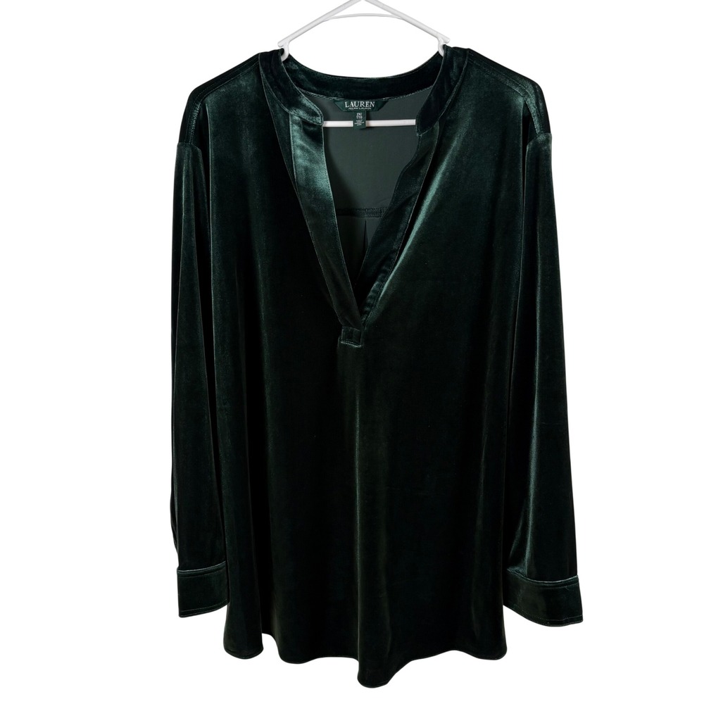 Lauren Ralph Lauren Tunic Top Women's 2X Green Velvet V-Neck Holiday Party Luxe